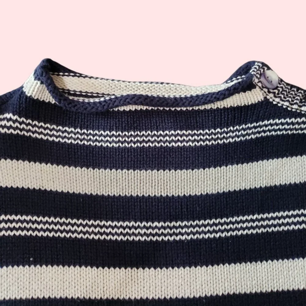 Laura Ashley Striped Cotton Sweater Button Shoulder Womens Navy/White Medium - Picture 10 of 12